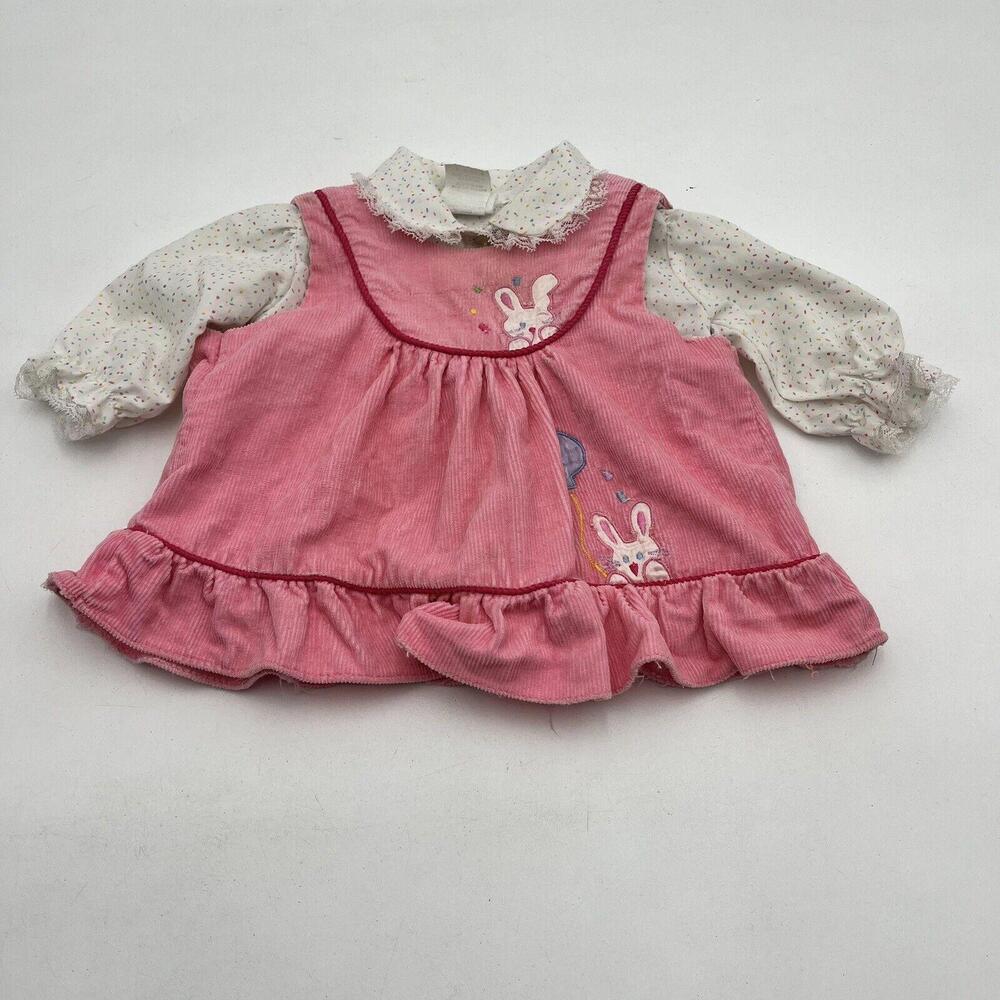 Vintage Mayfair Pink Corduroy Bunny Spring Pinafore Dress Baby Girl Infant
